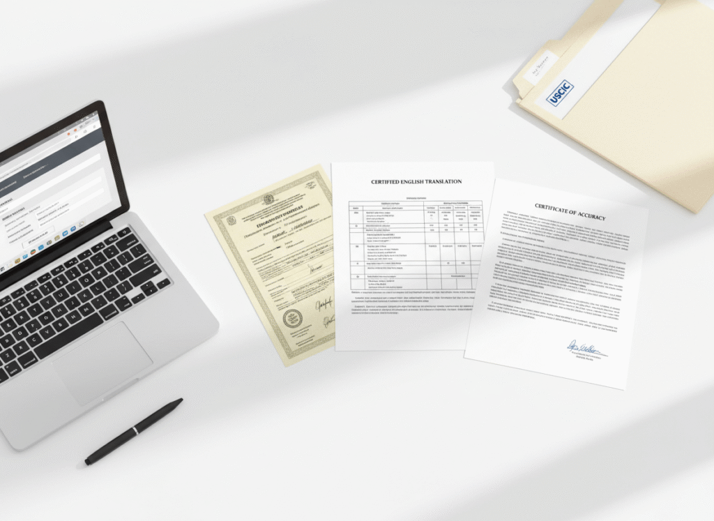 Flat lay of a birth certificate and certified English translation showing where to translate a birth certificate online
