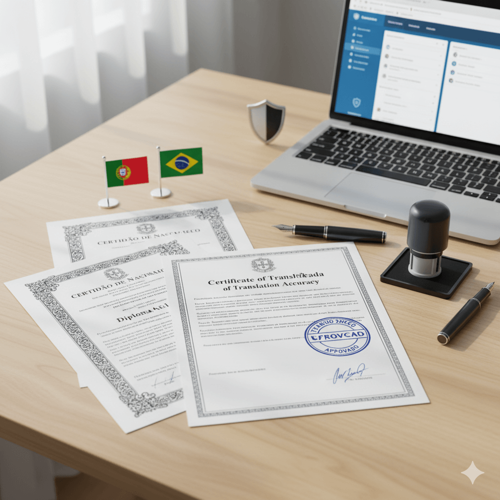 Flat-lay of certified Portuguese translation services with Brazil and Portugal flags on a clean desk.