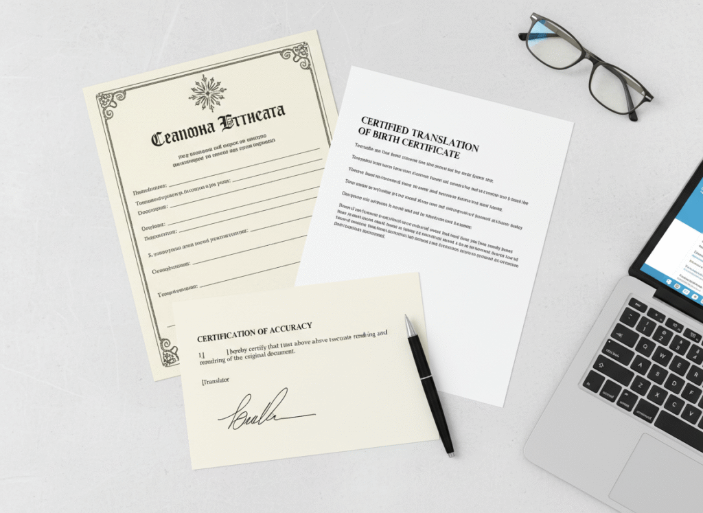 Flat lay showing foreign birth certificate and certified English translation for USCIS, illustrating how to translate a birth certificate correctly.