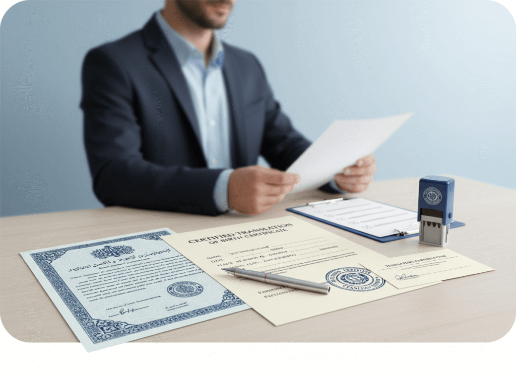 Foreign birth certificate next to certified English translation with translator certification for U.S. immigration