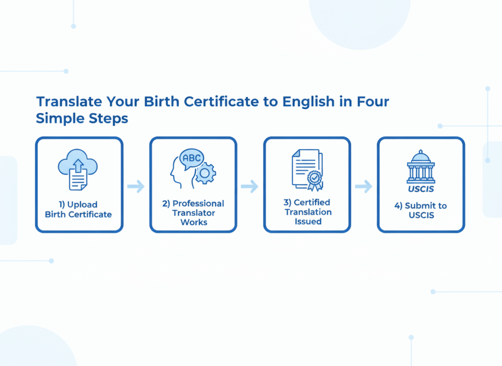 Four-step infographic showing how to translate a birth certificate to English online for USCIS.