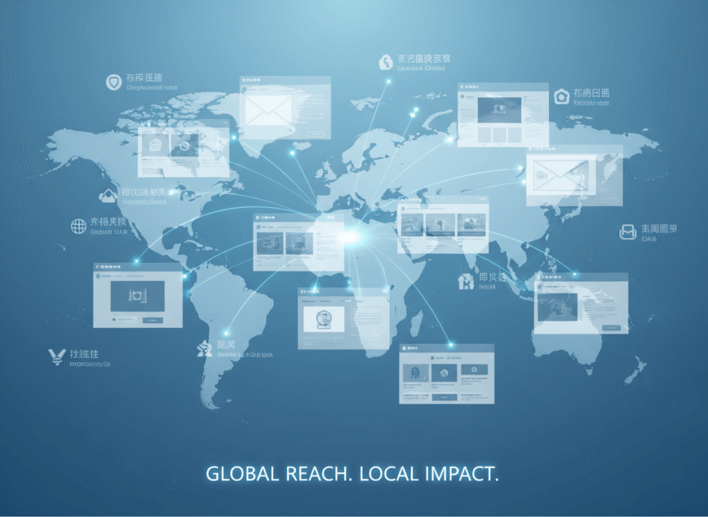 Global marketing translation services dashboard with multilingual digital campaigns connected across a world map (horizontal hero).