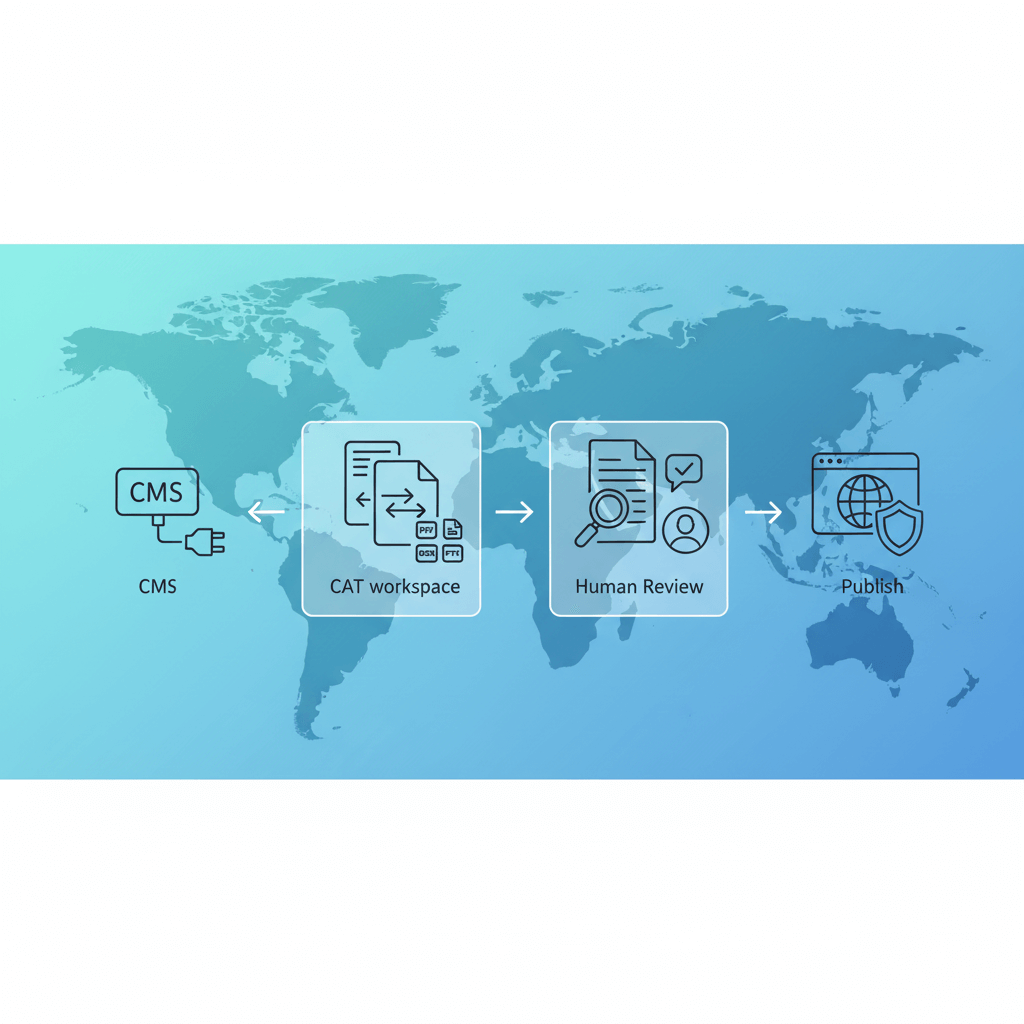 Global website translation pipeline showing CMS connectors, CAT workflow, human review and secure publishing (wide).
