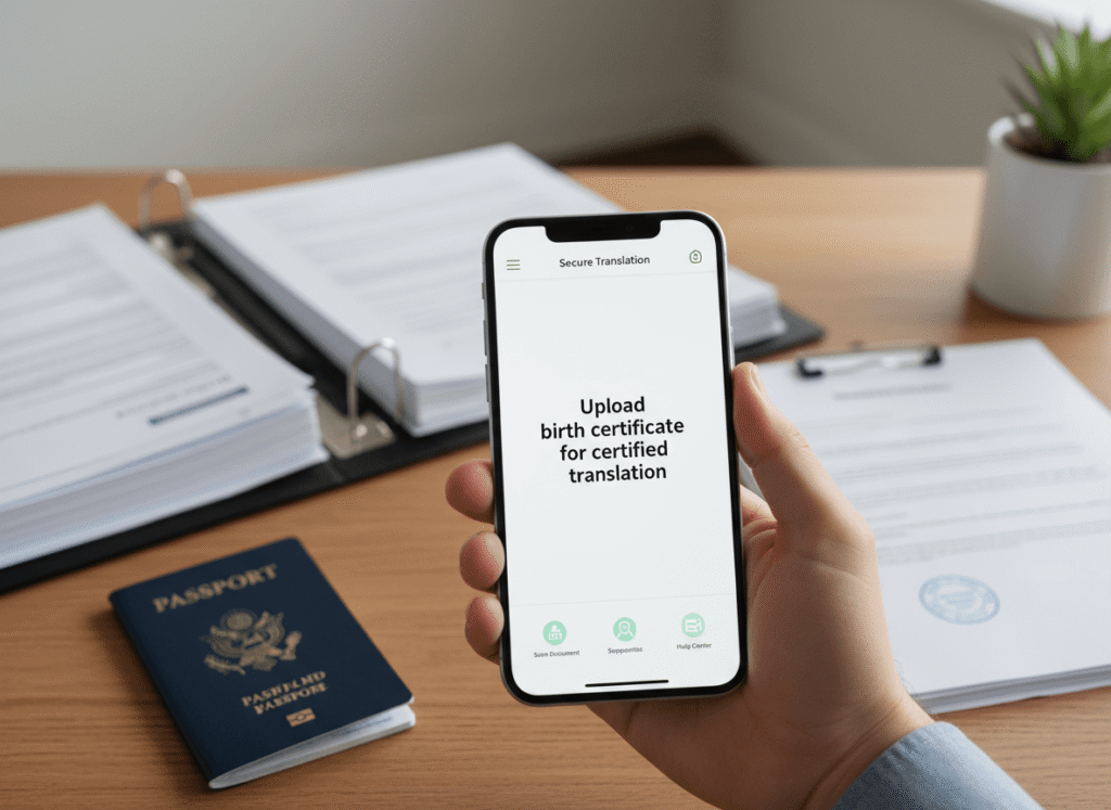 Hand holding a phone app to upload and translate a birth certificate with immigration documents in the background
