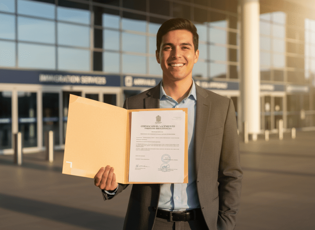 Happy traveller holding immigration documents after using certified birth certificate translation services