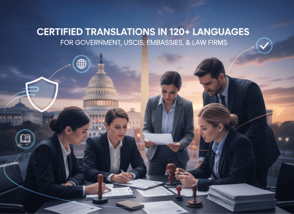 Hero banner of translation services DC with Washington DC skyline and team reviewing certified documents