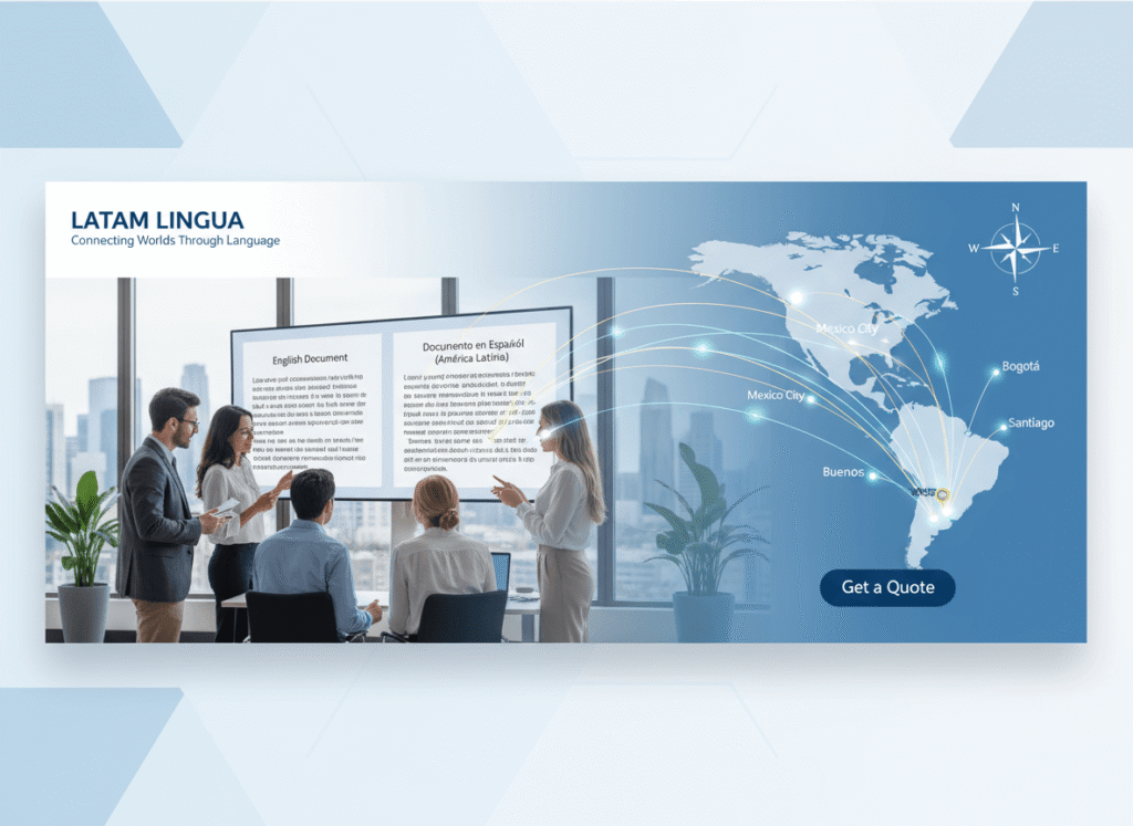 Hero banner showing a translation team providing Spanish Latin America translator services between San Diego and Latin American countries
