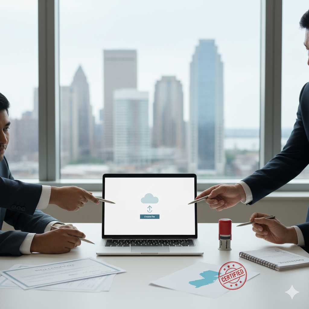 Hero image for translation companies in NJ showing a clean desk with document upload, generic certification stamp, and a subtle New Jersey map for certified translation services.