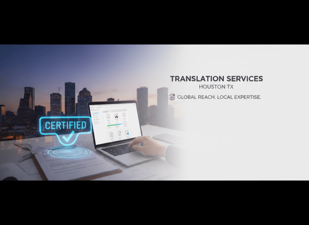 Houston skyline with client uploading documents online for certified translation services in Houston TX