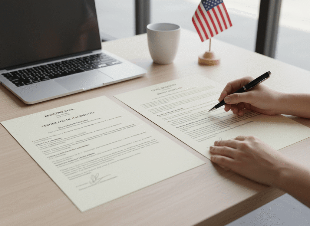 How to translate a birth certificate from Spanish to English – Spanish and English documents side by side on a desk