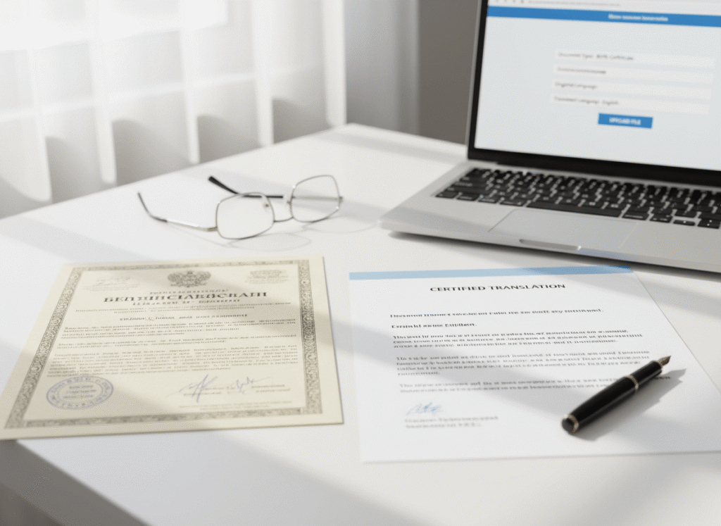 How to translate birth certificate to English with certified documents side by side on a desk