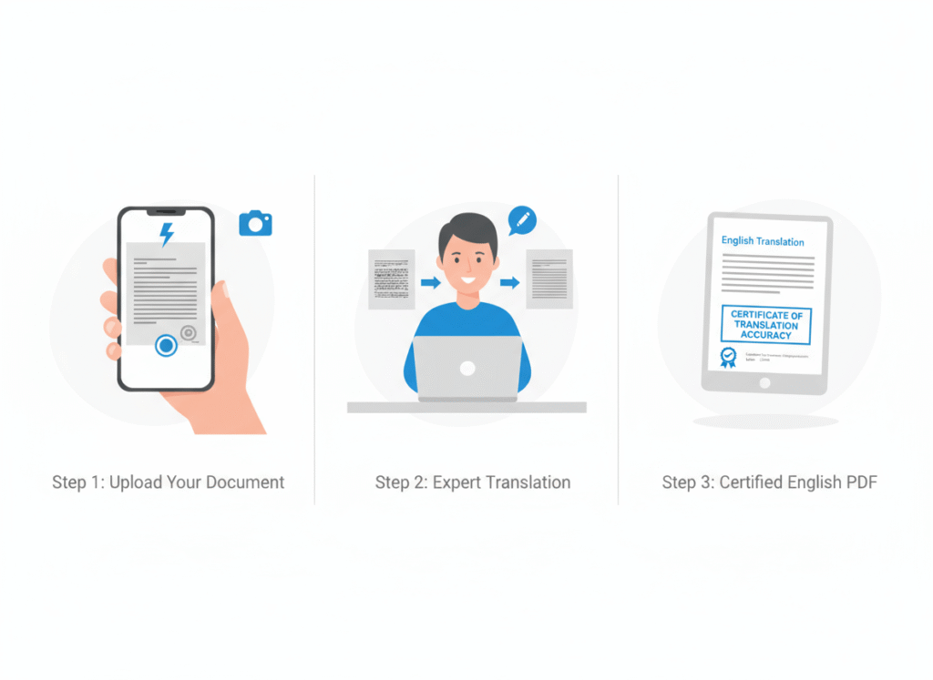 Illustrated three-step process for certified German translation near me from upload to certified English PDF