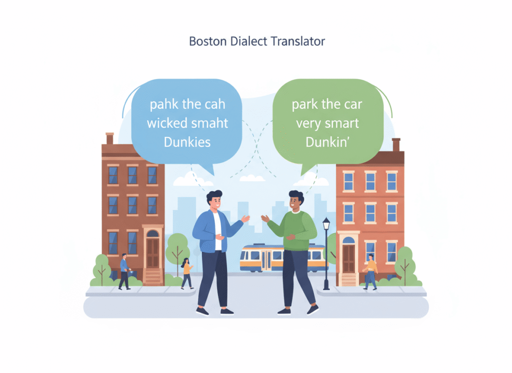 Illustration of Boston street with speech bubbles showing Boston dialect phrases and their English translations