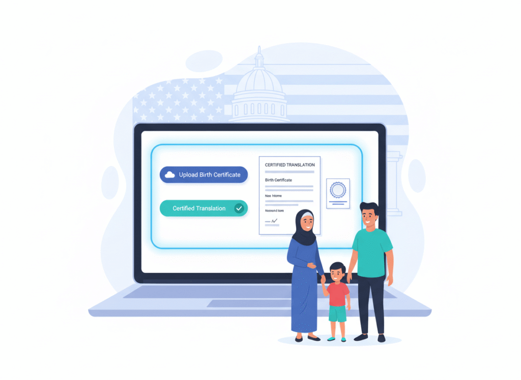 Illustration of secure online portal for certified birth certificate translation for USCIS applicants