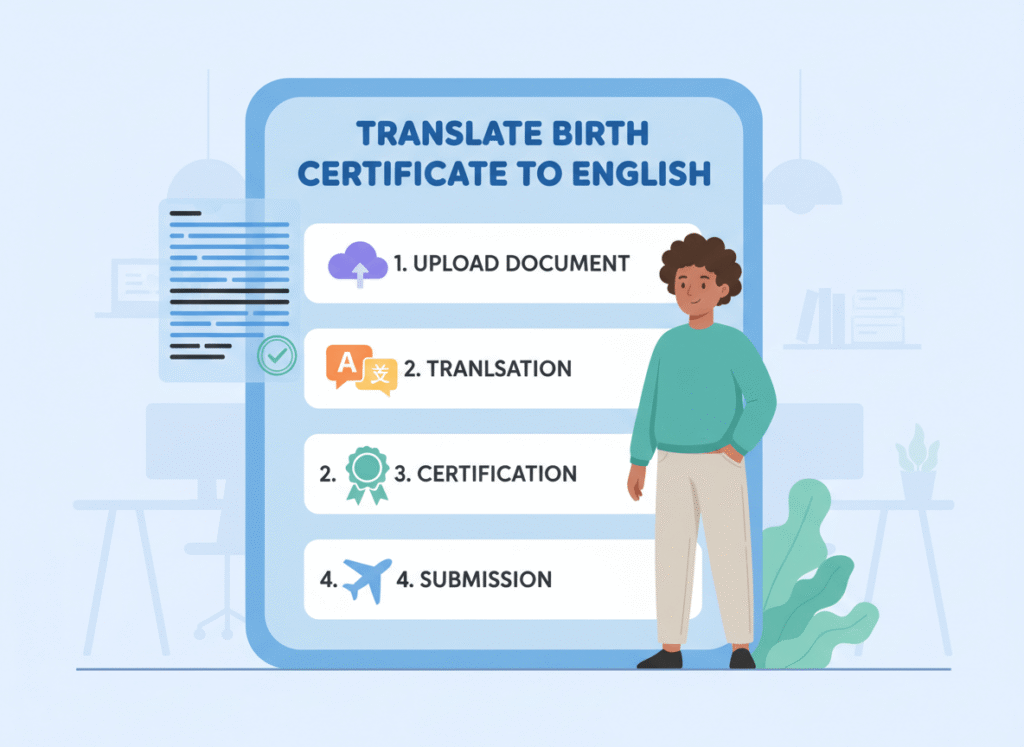 Illustration of step by step process to translate a birth certificate to English for official use