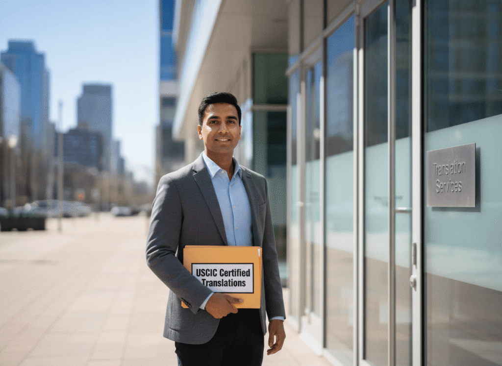 Immigration applicant holding a folder of USCIS certified translations after choosing a professional service to translate documents