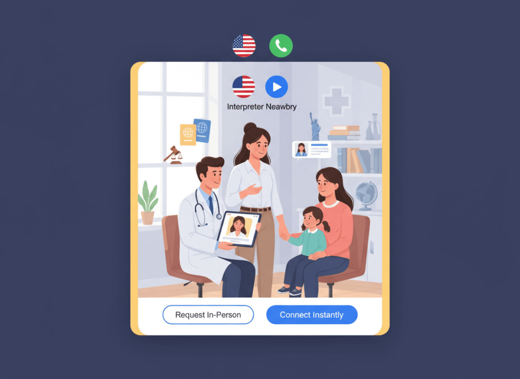 In person and remote interpreter near me assisting clients with medical and legal communication in multiple languages.