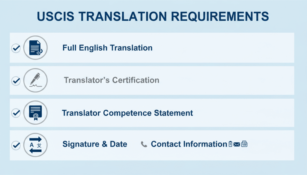 Infographic illustrating key USCIS translation requirements including certification, accuracy, and competence statement