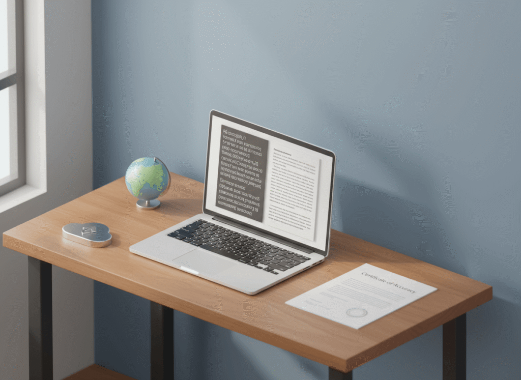 Isometric hero showing laptop with two-pane translation view and certified document stamp for multilingual translation services.