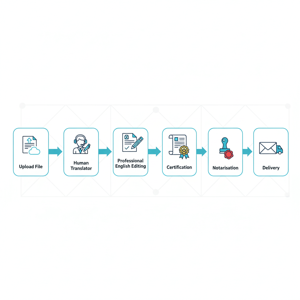 Language transaction process infographic from upload to certified, notarised delivery