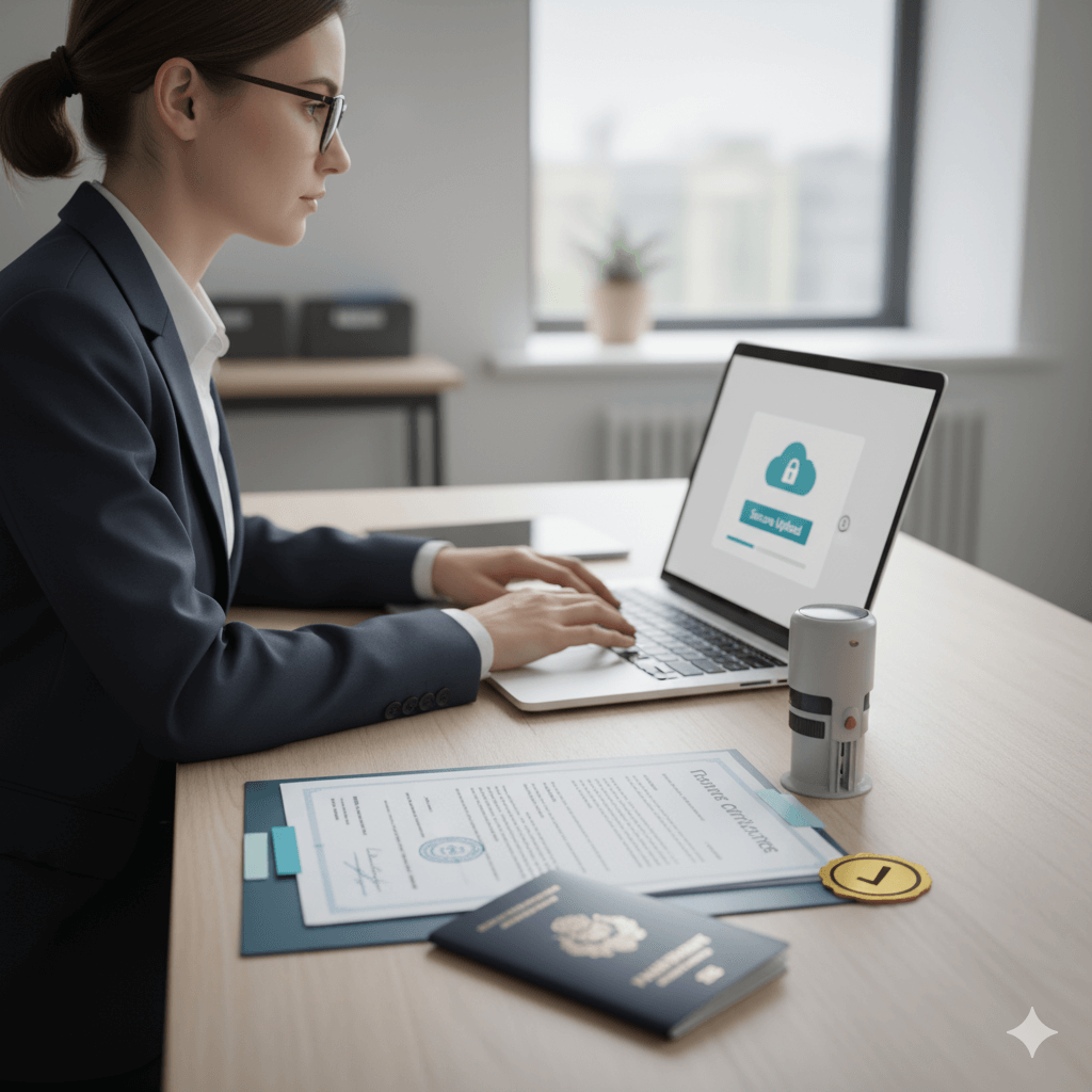 Language transaction with certified translation, notary stamp, and secure file upload on a desk
