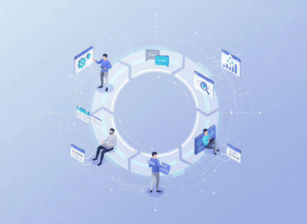 Localisation workflow loop with icons and diverse team collaborating on translation, review, QA, and release.