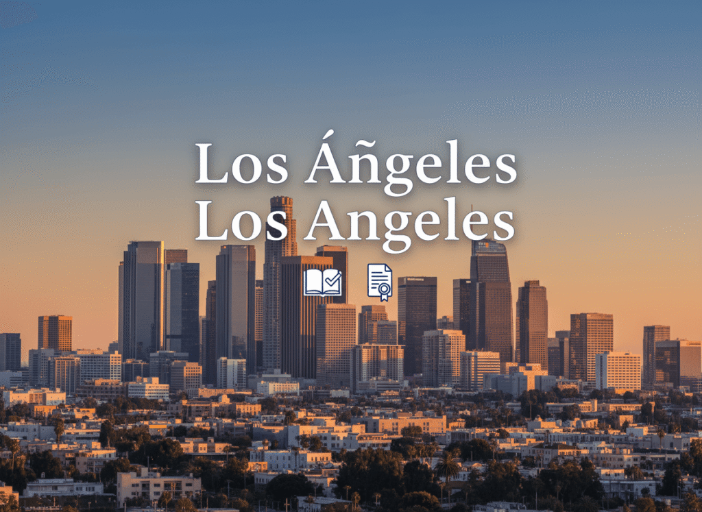 Los Angeles skyline at sunset with Los Ángeles and Los Angeles in bilingual text for certified translation context