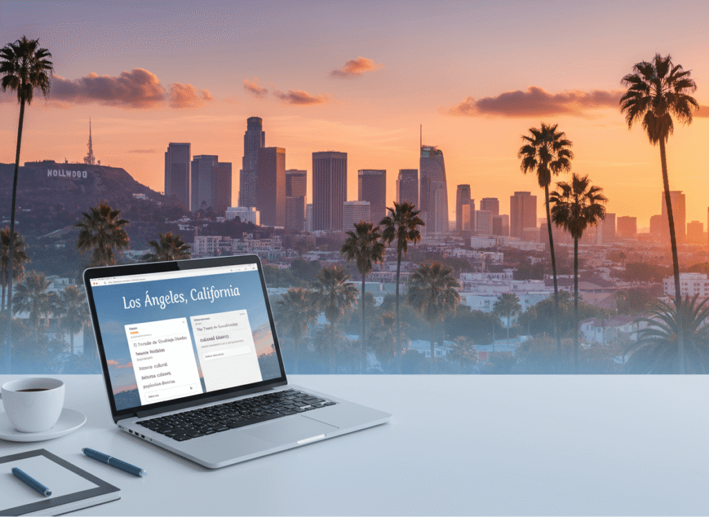 Los Angeles skyline with laptop displaying Los Ángeles, California translated on screen for online translation services