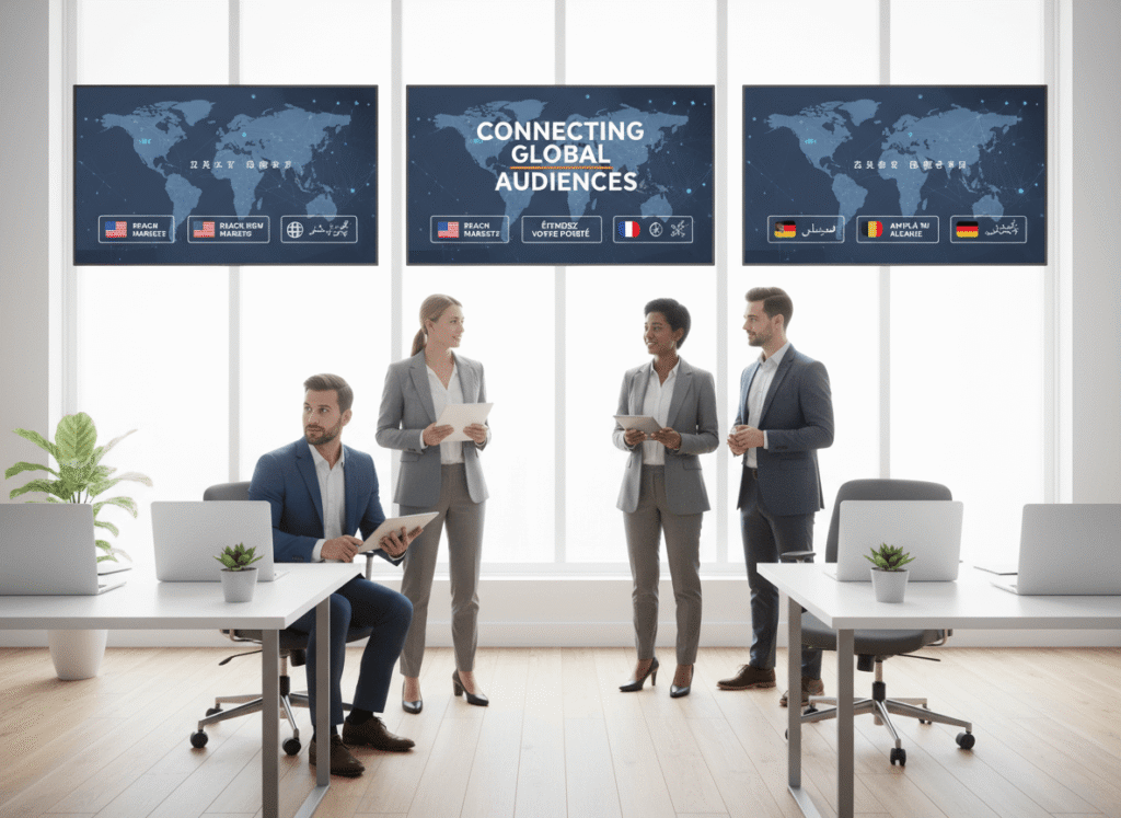Marketing translation team reviewing multilingual ad campaigns on screens in a modern office (square image).