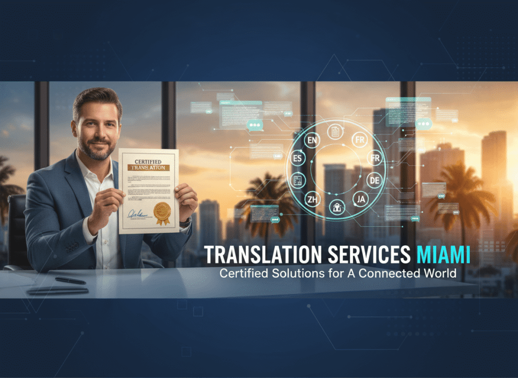 Miami skyline with digital documents and certified translation services visual elements.