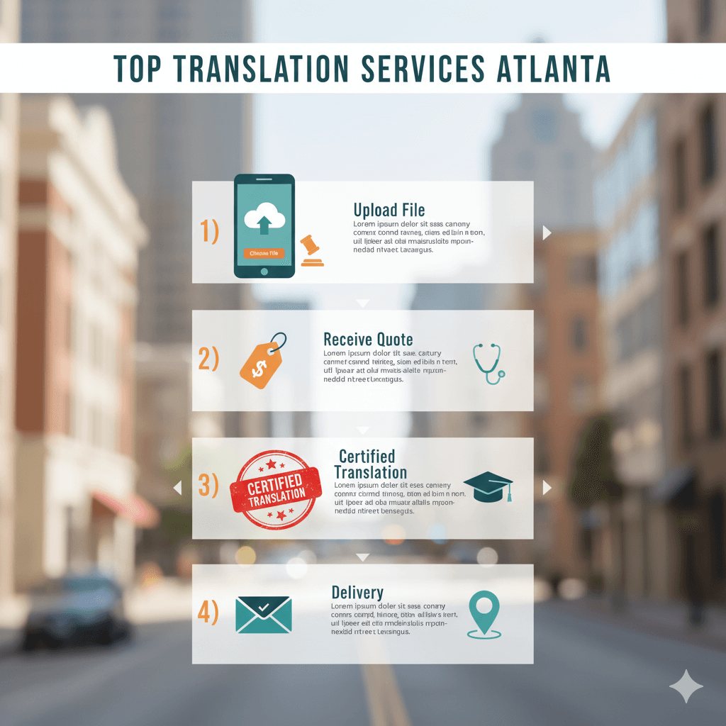 Mobile-first step-by-step flow for Atlanta translation services: upload, quote, certified, delivery with Midtown backdrop