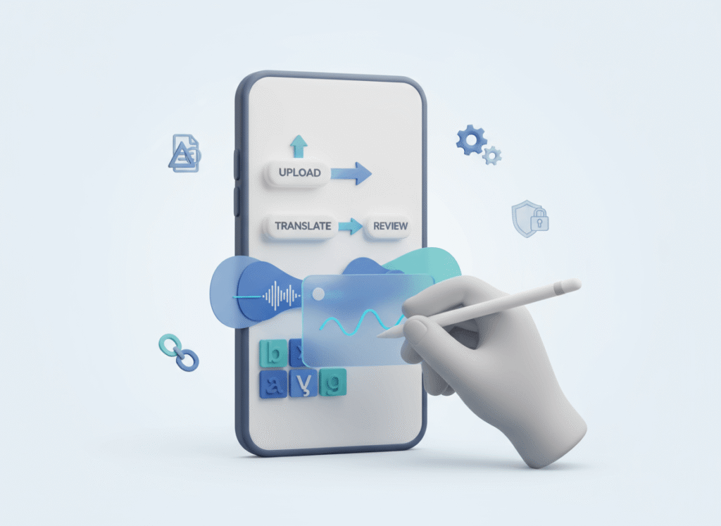 Mobile-first technology translation services UI with secure upload, automated translation, and human review.