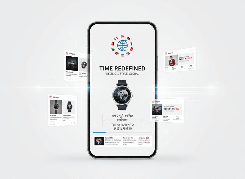 Mobile-focused advertising translation services visual with multilingual social media and ad content around a smartphone (vertical)