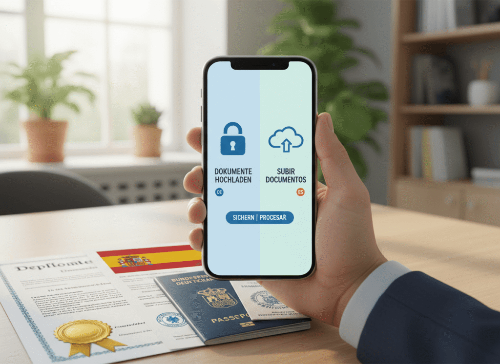 Mobile friendly translate deutsch spanisch upload screen with German and Spanish certificates ready