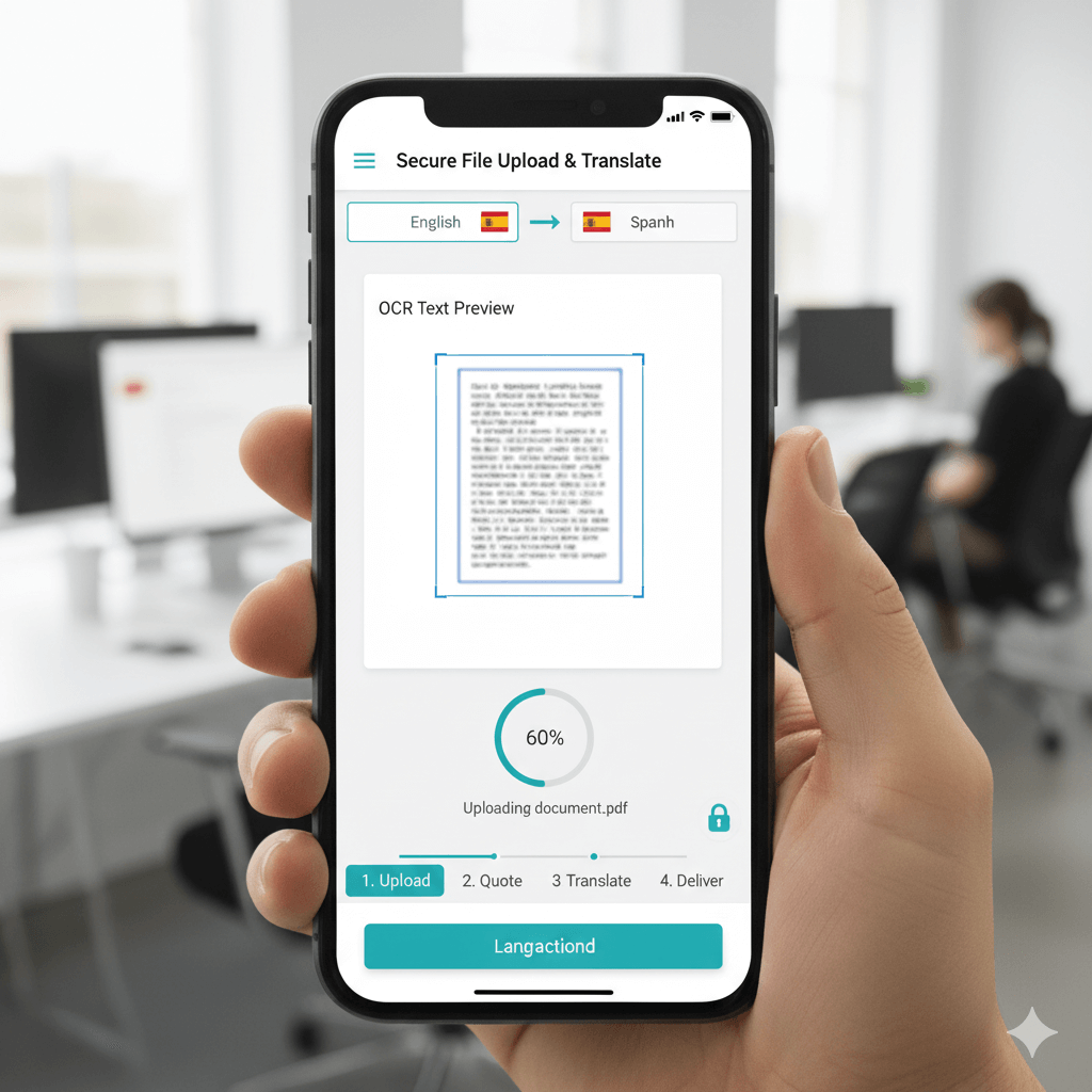 Mobile language transaction app with secure upload, English–Spanish selection, and OCR preview