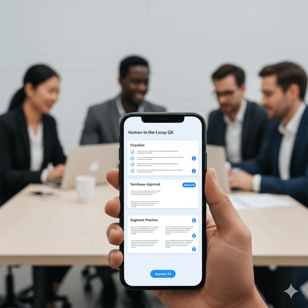 Mobile professional translation program with human QA, glossary approvals and secure controls (vertical).