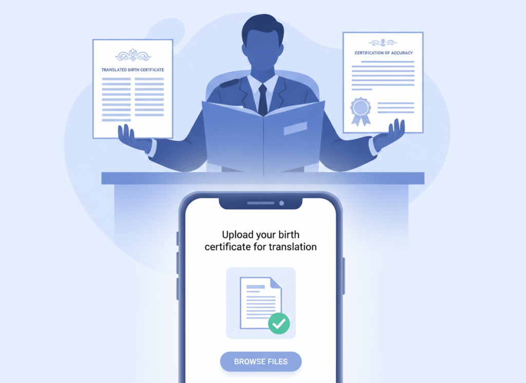 Mobile user uploading a birth certificate for professional translation before submitting immigration documents