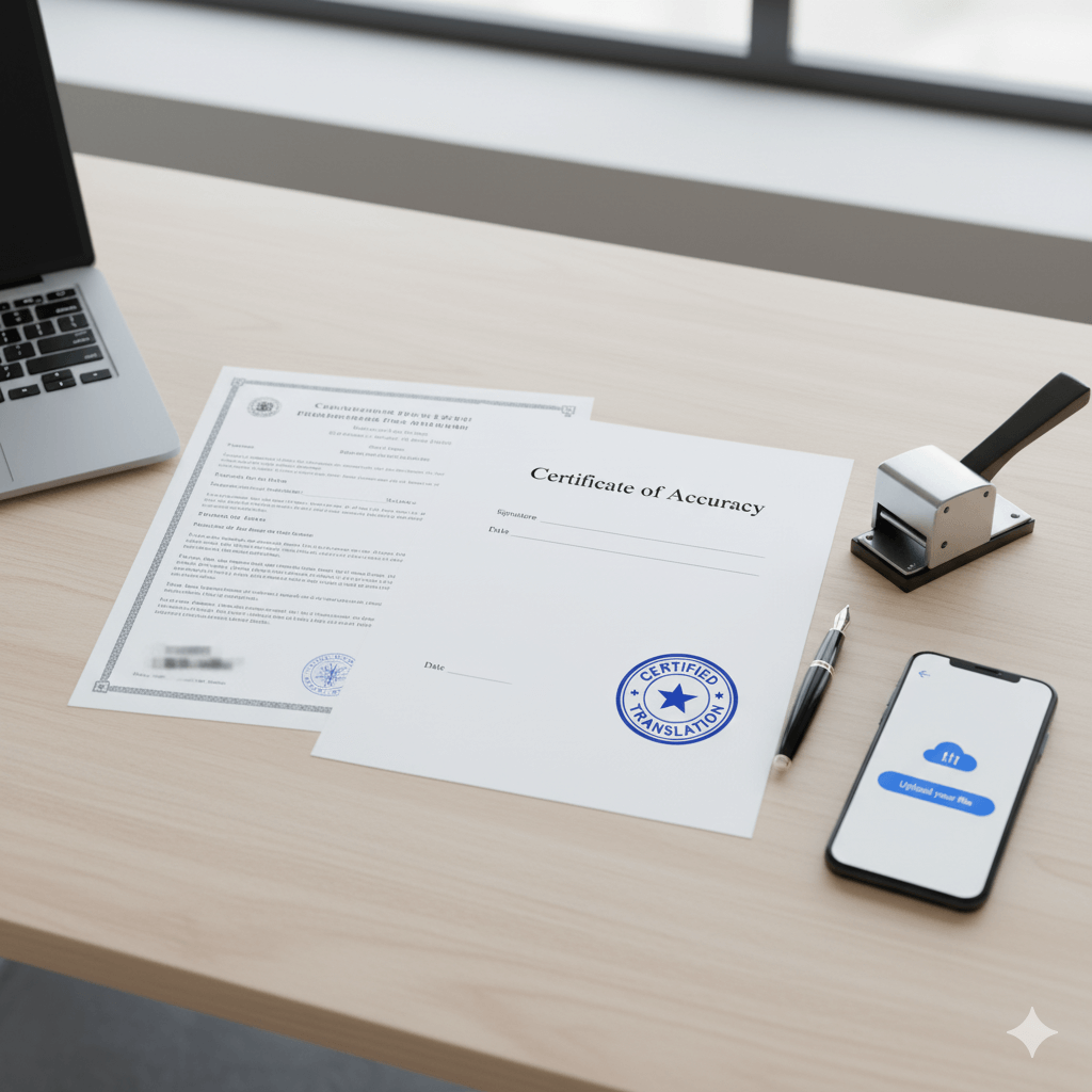 Notarized translation service near me—Certificate of Accuracy with notary stamp and online file upload on a desk