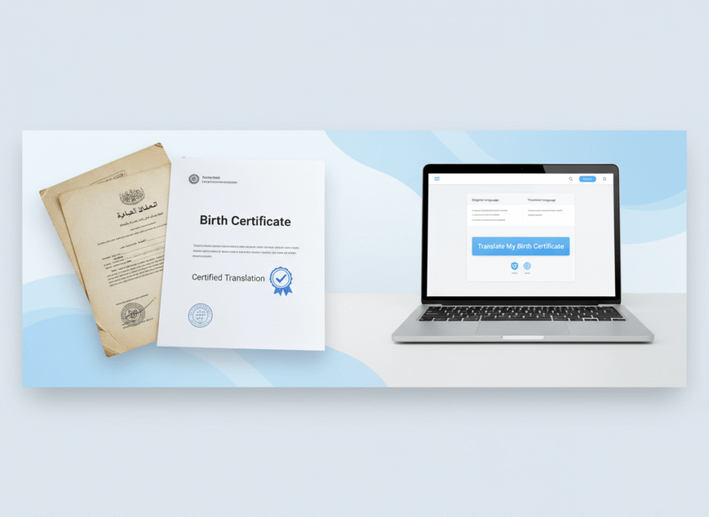 Online platform showing certified birth certificate translation from foreign language to English
