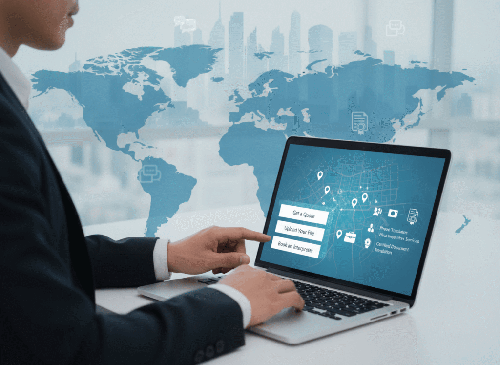 Online translation agency near me offering certified translations, remote interpretation, and fast quote and file upload options.