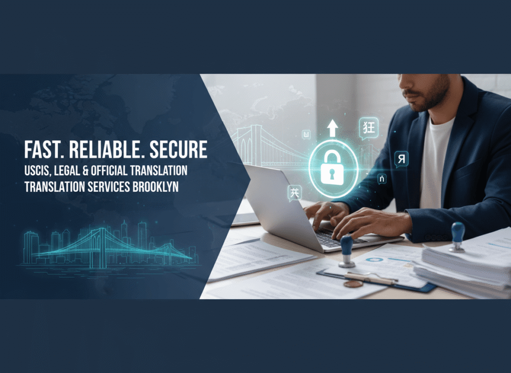 Online translation services Brooklyn NY with secure document upload and city skyline