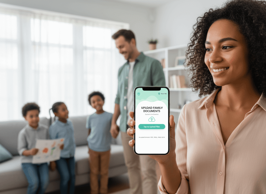Parent using a secure mobile translation service to upload family documents with their family in the background