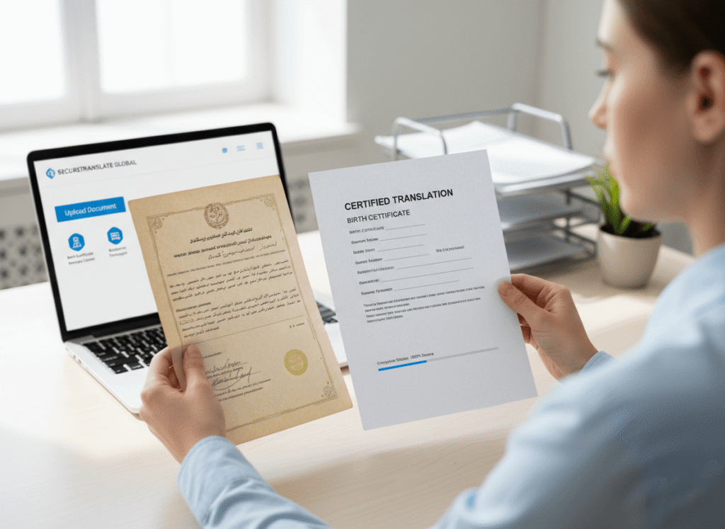 Person comparing foreign birth certificate with certified English translation at a desk
