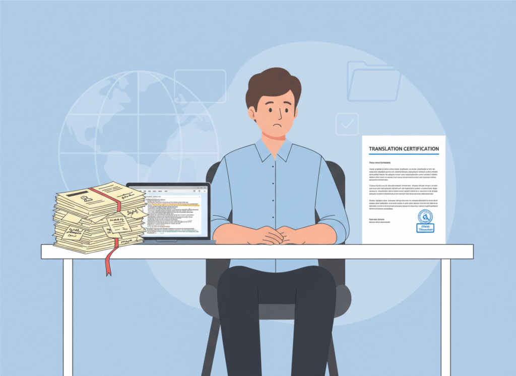 Person deciding between translating their own birth certificate and using a certified USCIS birth certificate translation service