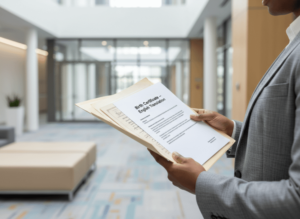 Person holding a certified English birth certificate translation in front of original document, representing how to translate a birth certificate