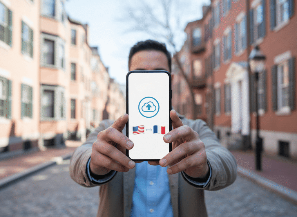 Person in Boston using a smartphone to upload documents