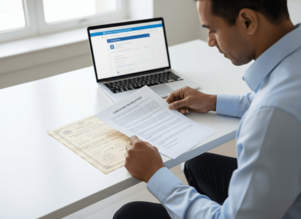 Person reviewing a certified English translation of their birth certificate for a US immigration application