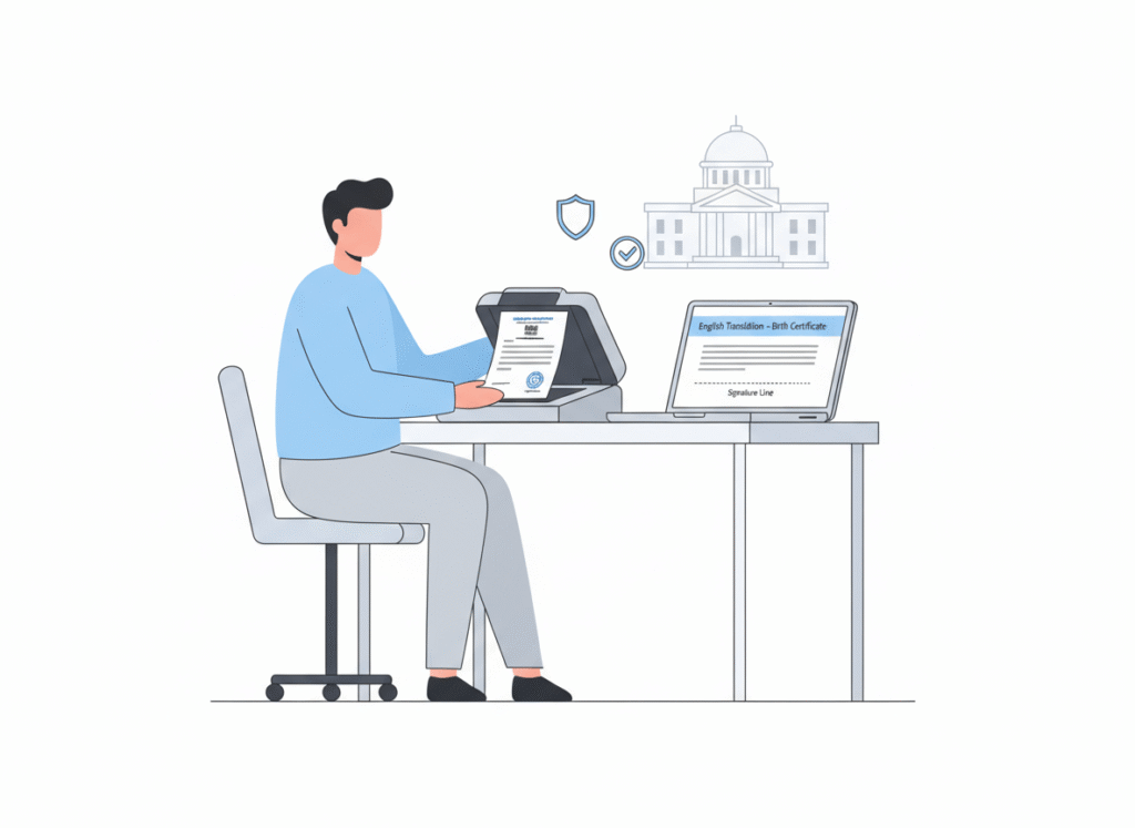 Person scanning birth certificate to get certified English translation for USCIS application