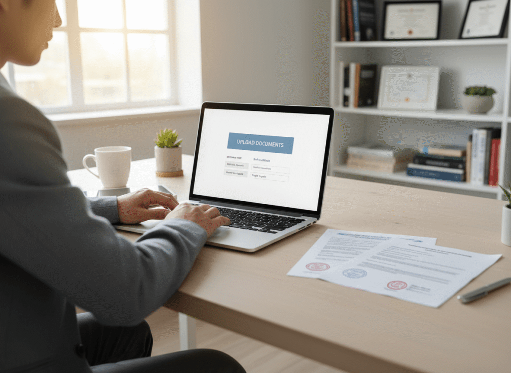 Person uploading a birth certificate for certified translation on a laptop to find where to translate a birth certificate for USCIS