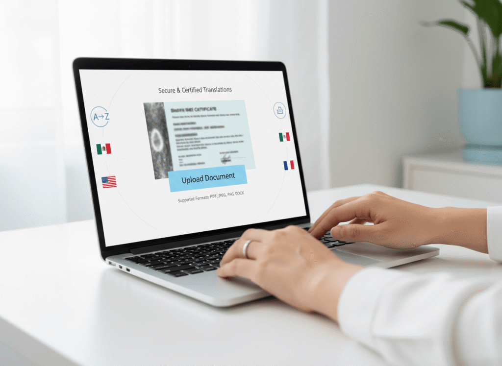 Person uploading a birth certificate online for certified translation on a professional immigration translation website